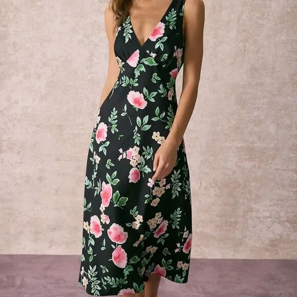 NWT RIHOAS V-Neck Tie Back Black Floral Midi Dress Size Small - Picture 1 of 5